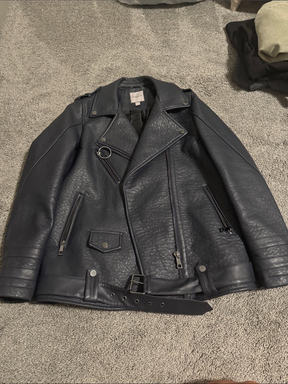 Navy Blue Faux Leather Jacket